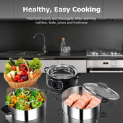 View 2 stainless steel food steamers, 8.5 liters capacity, electric glass-covered vegetable steamer, double-layer stackable steaming basket, with timer included image 2