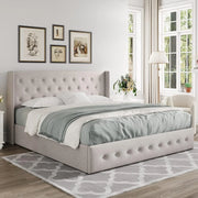 View Queen Size Lift Up Storage Bed, Modern Wingback Headboard, Hydraulic Support, No Box Spring Needed, Light Beige image 3