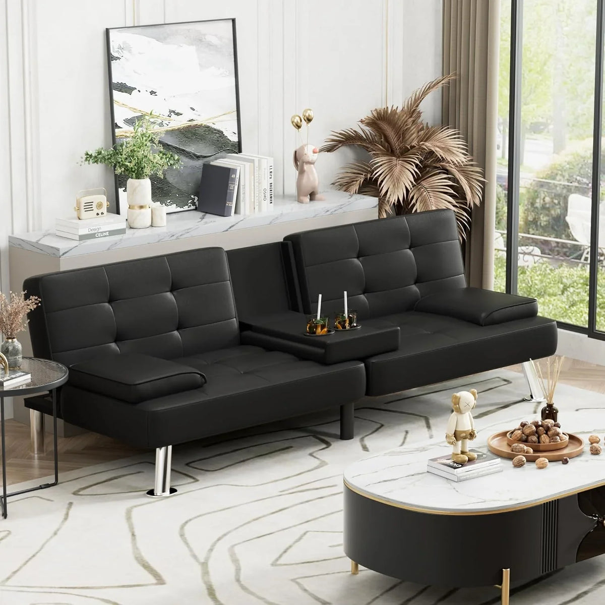 Futon Sofa Bed, Leather Futon Couch with Removable Armrests, Adjustable Recliner Sleeper Sofa Bed with Dual Cup Holders for Living Room, Apartment, Office (Black)
