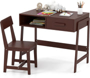 View Kids Desk and Chair Set, Wooden Children School Study Table and Chair w/Storage Drawer & Hutch, Student Writing Desk Computer Workstation for Bedroom, Gift for 3+ Years Old (White) image 1