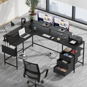View 3 Drawers L Shaped Desk 63 Inch, 2 Power Strips (6 AC) and LED, Large Gaming Desk & 2 Monitor Stands, L Shape Computer Desk, Stable and Sturdy Home Office Desk, Fabric Drawers, Black image 3