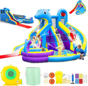 View 11-in-1 Inflatable Water Slide & Dolphin Bounce House w/2 Long Slides, 19.7 Ft x 13.1 Ft Extra Large Waterslide Climbing Wall w/Small Deeper Pool,Water Cannons,Hoop for Kids Backyard,550W Blower image 1
