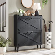 View Shoe Storage Cabinet,Farmhouse Shoe Organizer with 4 Flip Drawers & Barn Door Design,Freestanding Hidden Slim Narrow Shoe Rack Cabinet for Entryway,Foyer,Hallway,Walnut image 3