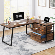 View L-Shaped Computer Desk with 3 Drawers, Reversible Corner Home Office Desk with Shelves, 53-Inch Industrial PC Desk Study Writing Table Workstation for Small Space, Rustic Brown image 1