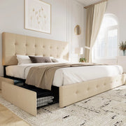 View Upholstered Queen Size Platform Bed Frame with 4 Storage Drawers and Headboard, Square Stitched Button Tufted, Mattress Foundation with Wooden Slats Support, No Box Spring Needed, Light Grey image 1