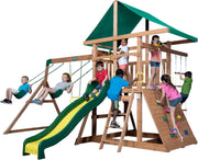 View Mount Mckinley Cedar Wood Swing Set with Wave Slide, Play Deck, Double Rock Wall, Rope Ladder, Web Swing, Belt Swings, Toy Telescope, Steering Wheel, Sandbox Area, Outdoor Playset image 1