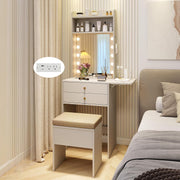 View Small Vanity Desk with Mirror and Lights, Makeup Vanity Table with Charging Station, Drawers, Shelves, Foldable Side Table, Compact Dressing Table with Storage Chair for Small Space (White) image 3