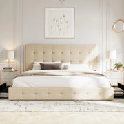 View Upholstered Queen Size Platform Bed Frame with 4 Storage Drawers and Headboard, Square Stitched Button Tufted, Mattress Foundation with Wooden Slats Support, No Box Spring Needed, Light Grey image 2