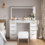 View Glass Top Vanity Desk with Mirror and Lights, 11 Drawers Makeup Vanity with Golden Handles, 3 Lighting Modes Upgraded Silent Slides Vanity Desk with Bench, Portable Mirror and Power Putlet image 3