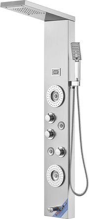 View Shower Panel System, 6 Shower Modes, LED & Display Shower Panel Tower, Rainfall, Waterfall, 4 Body Massage Jets, Tub Spout, Handheld Shower Head 59" Hose, Stainless Steel Wall-Mounted Shower Set image 3