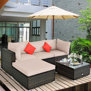 View 5 pieces of outdoor patio furniture, L-shaped rattan three-seater sofa with tempered glass coffee table, footstool, 3 single chairs, rattan outdoor party set, suitable for backyard, porch, balcony, black version image 5