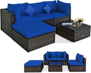 View 5 pieces of outdoor patio furniture, L-shaped rattan three-seater sofa with tempered glass coffee table, footstool, 3 single chairs, rattan outdoor party set, suitable for backyard, porch, balcony, black version image 1