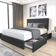 View Upholstered Queen Size Platform Bed Frame with 4 Storage Drawers and Headboard, Square Stitched Button Tufted, Mattress Foundation with Wooden Slats Support, No Box Spring Needed, Light Grey image 4