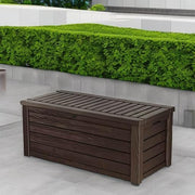 View 570-liter storage box, all-weather resin boat-shaped storage box, and stylish outdoor bench with piston-assisted lockable lid and side handles, dark coffee color version image 2