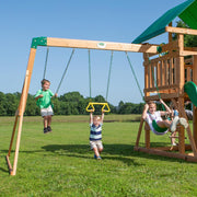 View Mount Mckinley Cedar Wood Swing Set with Wave Slide, Play Deck, Double Rock Wall, Rope Ladder, Web Swing, Belt Swings, Toy Telescope, Steering Wheel, Sandbox Area, Outdoor Playset image 6