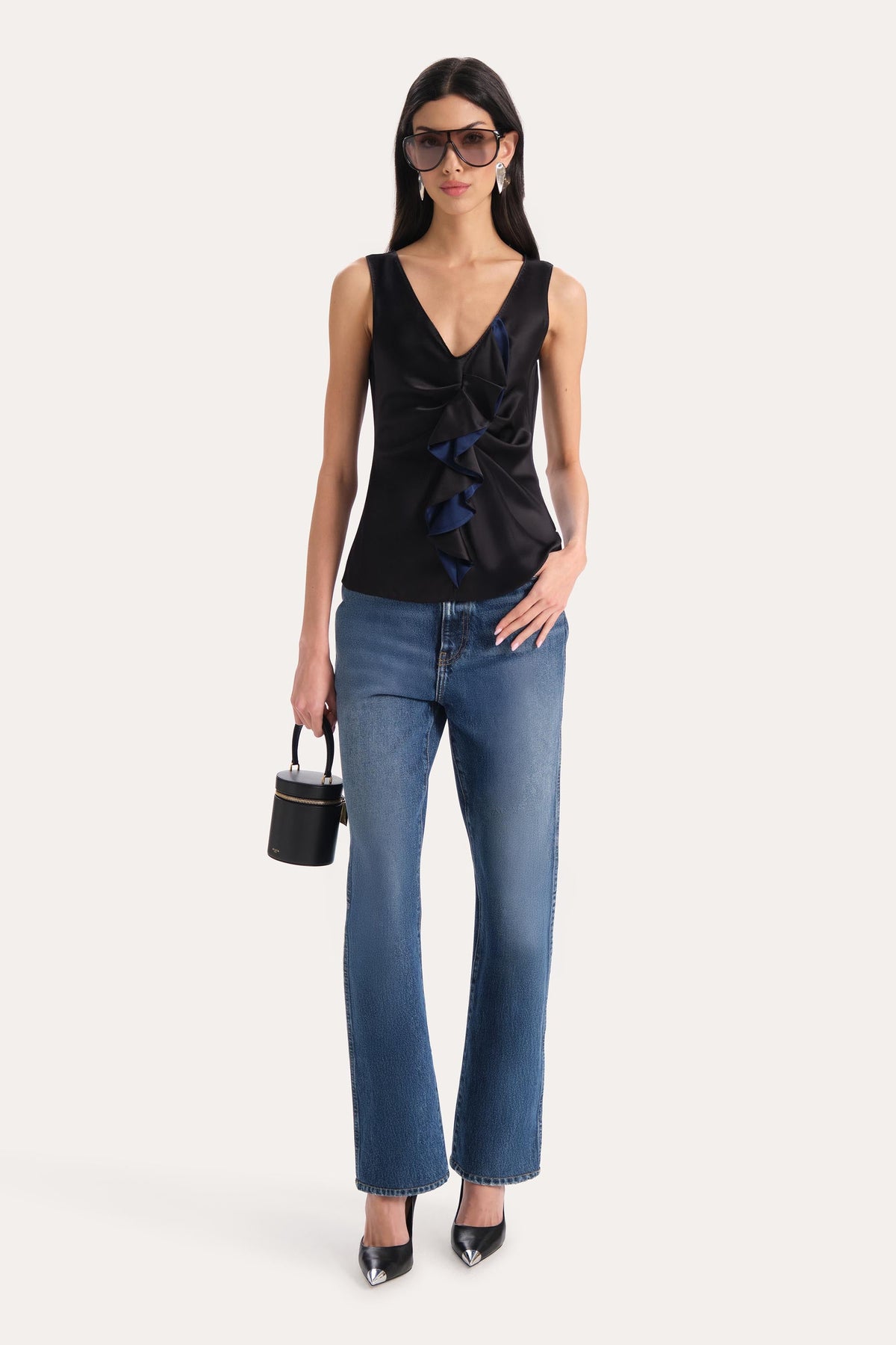 Silk Satin Sleeveless Ruffle Top