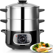 View 2 stainless steel food steamers, 8.5 liters capacity, electric glass-covered vegetable steamer, double-layer stackable steaming basket, with timer included image 1