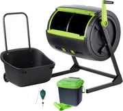 View Two 65-gallon two-stage composting drums, equipped with large double doors and an open frame, are also provided along with a maze-style compost cart, a 1.85-gallon kitchen trolley-style compost bin, three rolls of corn bags, and a retractable plant t image 1
