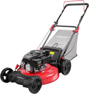 View 21-inch gas-powered lawn mower, equipped with a 144cc four-stroke all-terrain engine, featuring both crushing and side-discharge functions, with adjustable cutting height ranging from 6 positions. image 3