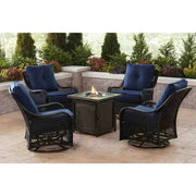 View 5-Piece Steel Patio Fire Pit Conversation Set with Navy Blue Cushions, Swivel Gliders and Square Fire Pit Table image 2