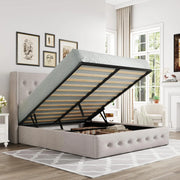 View Queen Size Lift Up Storage Bed, Modern Wingback Headboard, Hydraulic Support, No Box Spring Needed, Light Beige image 1