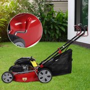 View Self-propelled lawn mower, 141cc four-stroke gasoline engine, lawn mower with 20-inch blades, rear-wheel drive, push-type lawn mower, equipped with a 50-liter hay storage tank, rear wheel diameter 10 inches, rotational speed 2850 revolutions per minu image 5