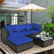 View 5 pieces of outdoor patio furniture, L-shaped rattan three-seater sofa with tempered glass coffee table, footstool, 3 single chairs, rattan outdoor party set, suitable for backyard, porch, balcony, black version image 3