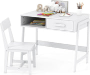 View Kids Desk and Chair Set, Wooden Children School Study Table and Chair w/Storage Drawer & Hutch, Student Writing Desk Computer Workstation for Bedroom, Gift for 3+ Years Old (White) image 2