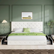View Upholstered Queen Size Platform Bed Frame with 4 Storage Drawers and Headboard, Square Stitched Button Tufted, Mattress Foundation with Wooden Slats Support, No Box Spring Needed, Light Grey image 6