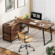 View L-Shaped Computer Desk with 3 Drawers, Reversible Corner Home Office Desk with Shelves, 53-Inch Industrial PC Desk Study Writing Table Workstation for Small Space, Rustic Brown image 2