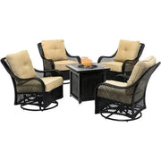 View 5-Piece Steel Patio Fire Pit Conversation Set with Navy Blue Cushions, Swivel Gliders and Square Fire Pit Table image 5
