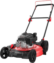 View 21-inch gas-powered lawn mower, equipped with a 144cc four-stroke all-terrain engine, featuring both crushing and side-discharge functions, with adjustable cutting height ranging from 6 positions. image 1