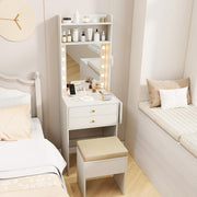 View Small Vanity Desk with Mirror and Lights, Makeup Vanity Table with Charging Station, Drawers, Shelves, Foldable Side Table, Compact Dressing Table with Storage Chair for Small Space (White) image 2