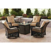 View 5-Piece Steel Patio Fire Pit Conversation Set with Navy Blue Cushions, Swivel Gliders and Square Fire Pit Table image 6