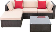 View 5 Pieces Patio Furniture Sets All Weather Outdoor Sectional Patio Sofa Manual Weaving Wicker Rattan Patio Seating Sofas with Cushion and Glass Table(Beige) image 1