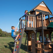View Gorge Creek Pure Pine Swing Set, Playhouse with Barbecue Grill, Plastic Utensils, Picnic Area, Steering Wheel, Double-Padded Swing, Rock Climbing Wall, Balcony, Terrace, Mesh Swing (Green Slide) image 2
