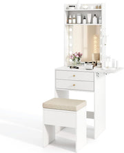 View Small Vanity Desk with Mirror and Lights, Makeup Vanity Table with Charging Station, Drawers, Shelves, Foldable Side Table, Compact Dressing Table with Storage Chair for Small Space (White) image 1