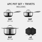 View Hybrid Nonstick 6-Piece Pot Set with 2 Silicone Trivets, 2, 3, and 8-Quart Pots with Tempered Glass Lids, Stay-Cool Handles, Dishwasher-Friendly, Induction-Ready, Compatible with All Cooktops image 2