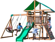 View A complete set of wooden mountain-style swings, equipped with a colorful canvas sunshade, a wave slide, a rope swing, a net swing, and a rock wall with climbing ropes and ladders. image 1