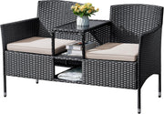 View Outdoor Furniture Patio Loveseat Wicker 2-Seat with Built-in Table and Cushions Rattan Porch Chairs Bench for Balcony, Lawn, Backyard (Beige) image 4