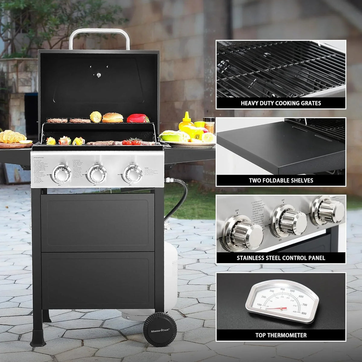 Burner BBQ Propane Gas Grill, Stainless Steel 30,000 BTU Patio Garden Barbecue Grill with Two Foldable Shelves