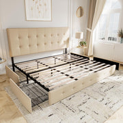 View Upholstered Queen Size Platform Bed Frame with 4 Storage Drawers and Headboard, Square Stitched Button Tufted, Mattress Foundation with Wooden Slats Support, No Box Spring Needed, Light Grey image 3