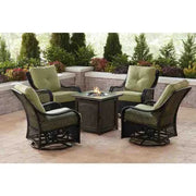 View 5-Piece Steel Patio Fire Pit Conversation Set with Navy Blue Cushions, Swivel Gliders and Square Fire Pit Table image 4
