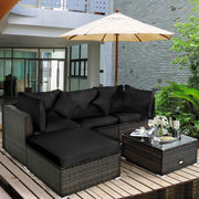 View 5 pieces of outdoor patio furniture, L-shaped rattan three-seater sofa with tempered glass coffee table, footstool, 3 single chairs, rattan outdoor party set, suitable for backyard, porch, balcony, black version image 6