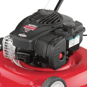 View 20-inch steel cutting deck, side-discharge gasoline-powered push lawn mower, with engine oil, available in red and black, suitable for outdoor yards. image 3