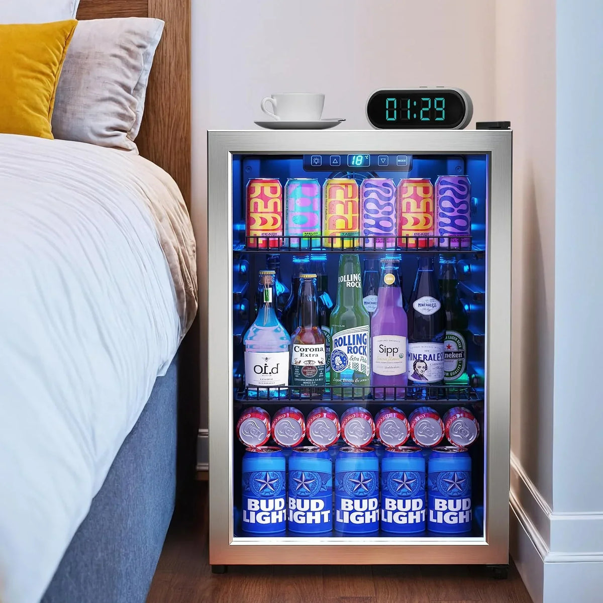 Refrigerator Cooler-120 Cans Freestanding Mini Fridge Cooler with Glass Door, Adjustable Shelves & Digital Temperature Display for Soda, Wine or Beer (Black, 3.2 Cu.Ft)