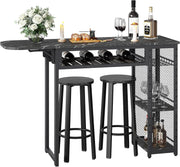 View Bar Table and Chair Set, Industrial Expandable Dining Table with 2 Bar Stools, Kitchen Counter with Wine Rack & 3 Tier Adjustable Storage Shelves Rustic Brown image 1