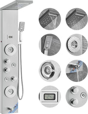 View Shower Panel System, 6 Shower Modes, LED & Display Shower Panel Tower, Rainfall, Waterfall, 4 Body Massage Jets, Tub Spout, Handheld Shower Head 59" Hose, Stainless Steel Wall-Mounted Shower Set image 1