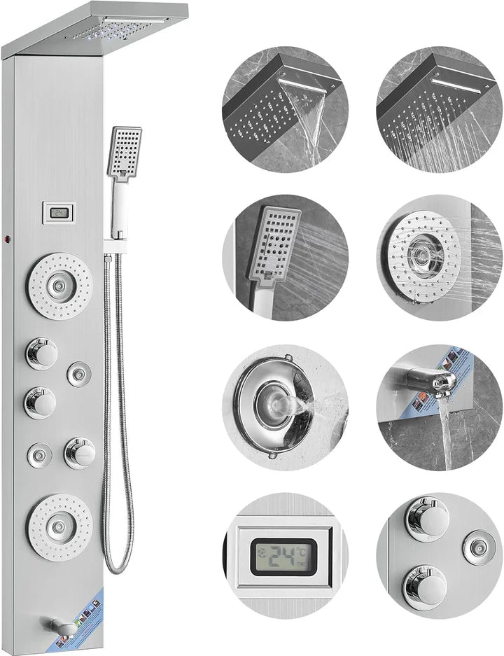 Shower Panel System, 6 Shower Modes, LED & Display Shower Panel Tower, Rainfall, Waterfall, 4 Body Massage Jets, Tub Spout, Handheld Shower Head 59" Hose, Stainless Steel Wall-Mounted Shower Set