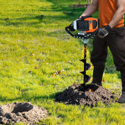 View 1450-watt gasoline engine electric drilling machine, equipped with 6-inch and 10-inch drill bits and 3 extension rods, suitable for drilling holes in fence posts of farmlands, gardens, and orchards. The color is orange and black. image 2